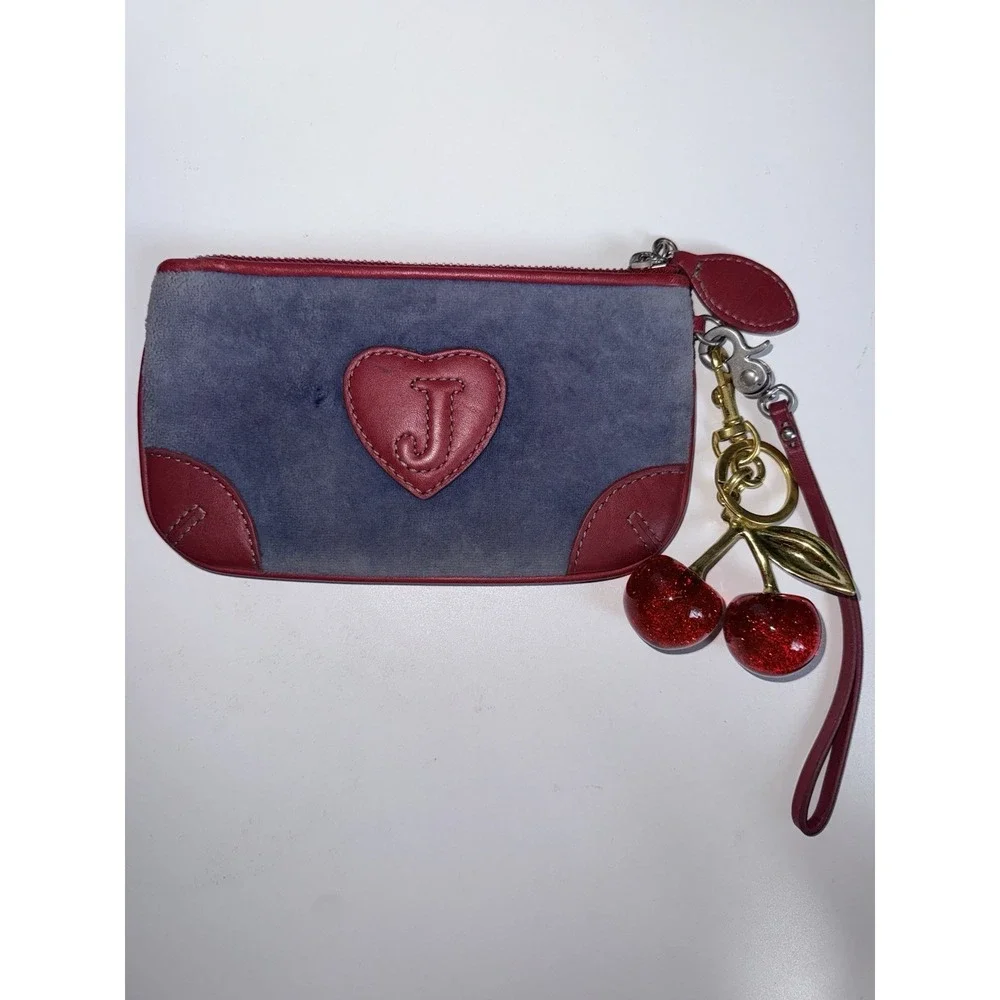Vtg Juicy Couture Red Velour With Navy Wristlet Wallet‎ Y2K  Rare Charm Cherry Y